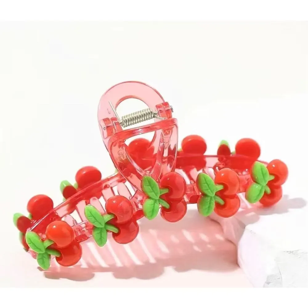 7 piece hair clips cherry hearts strawberries girls claw elastic ties loops